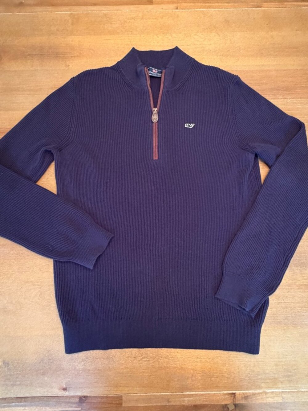 Vineyard Vines Navy Cotton Half-Zip Sweater w/ Leather-Trim Zipper - youth large